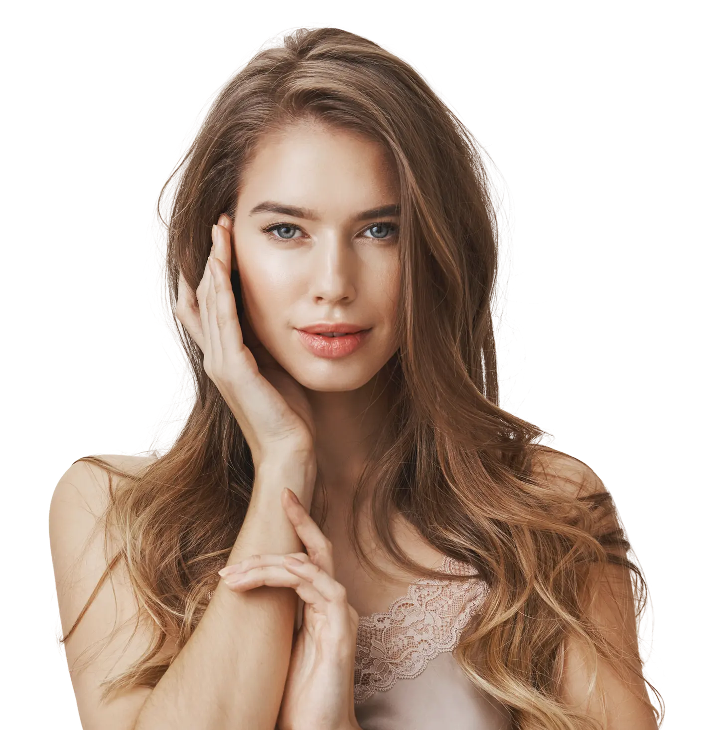 Sensual Beautiful Woman Touching Face Smiling