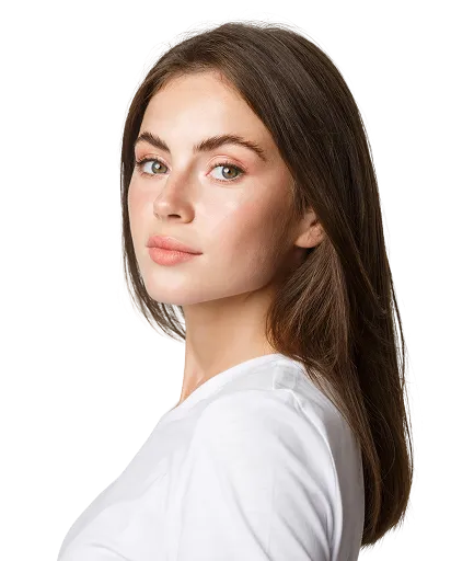 Portrait Confident Beautiful Brunette Woman Turning Face Camera with Dreamy Look White 1